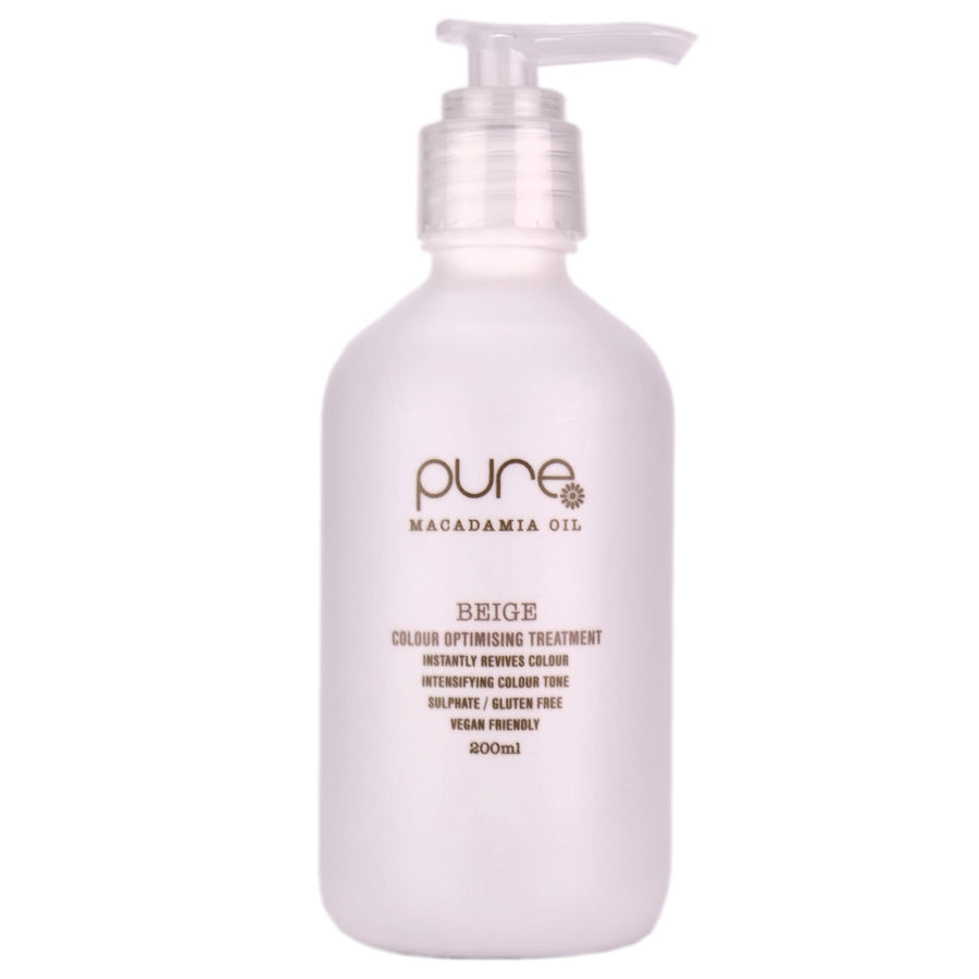 Pure Beige Colour Optimising Treatment is an Instant hair colour and nourishing treatment that adds beige pigment to achieve a more light beige tone.  Conditions, repairs and shines, to revitalise all dull, dry colour treated, blonde to very light blonde hair types in 3 minutes or less.