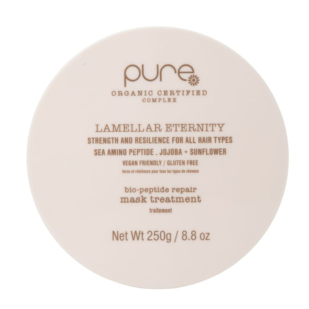Pure Lamellar Eternity Mask is enriched with repairing actives to deliver targeted repair deep into the hair fibre leaving hair Smooth the and a silky finish.
