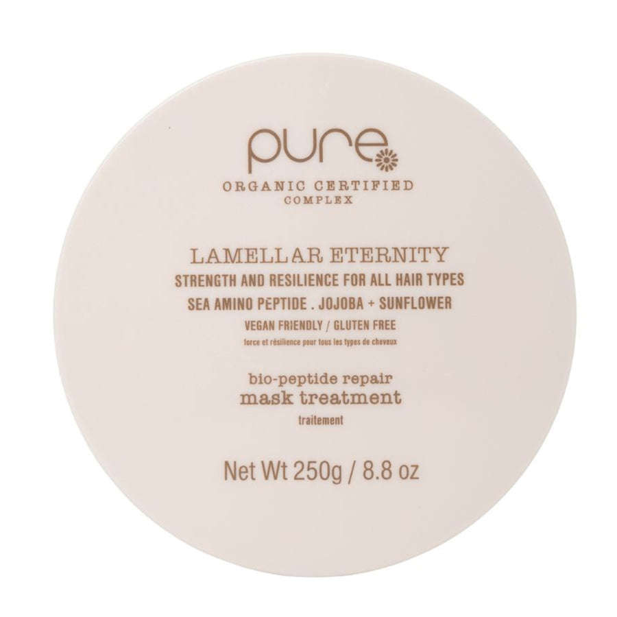 Pure Lamellar Eternity Mask is enriched with repairing actives to deliver targeted repair deep into the hair fibre leaving hair Smooth the and a silky finish.