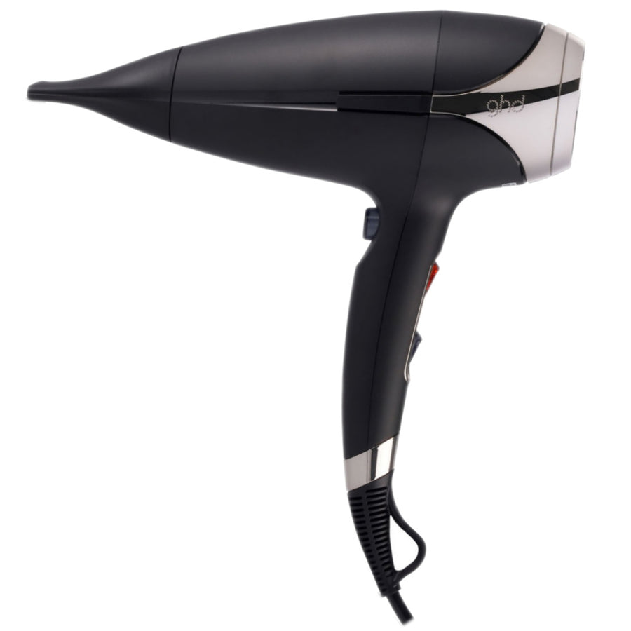 ghd Helois Professional Hair Dryer is lightweight and ergonomically balanced for styling comfort, paired with a bespoke acoustic system to ensure low sound levels.