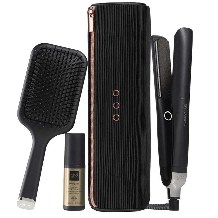 ghd Platinum+ Gift Set Limited Edition in Black is the perfect gift for you or someone special who will enjoy the included ghd paddle brush, mini bodyguard 50ml and heat-resistant bag.