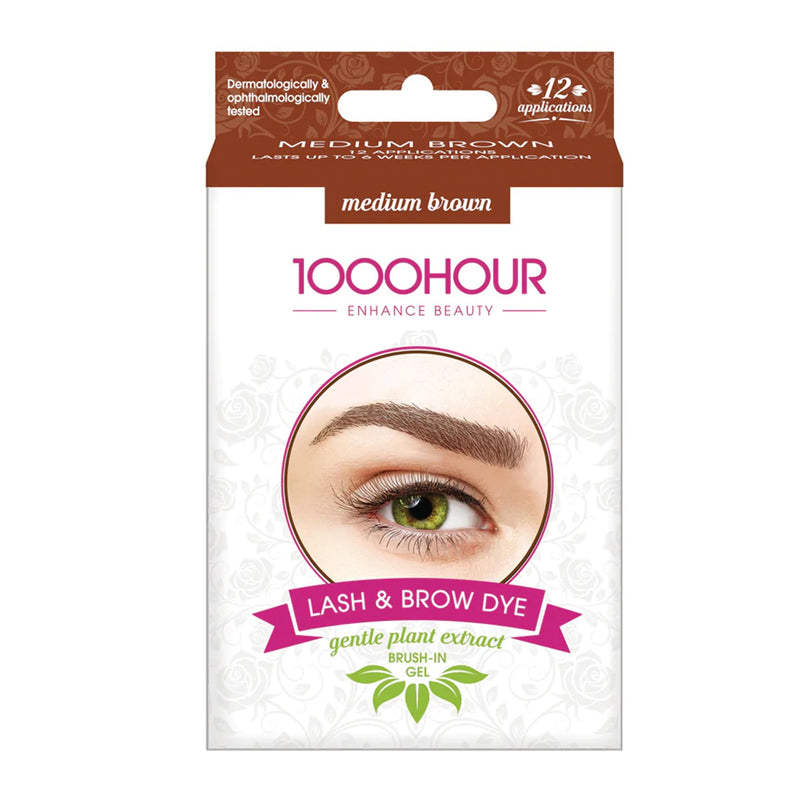 1000 Hour Lash & Brow Dye Kit Medium Brown with NEW Brush-in Gel, gentle plant extract, dermatologically & ophthalmologically tested.