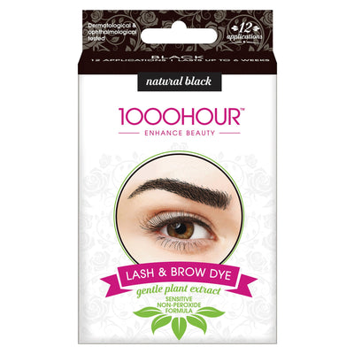 1000 Hour Lash & Brow Dye Kit Natural Black with NEW Brush-in Gel, gentle plant extract, dermatologically & ophthalmologically tested.