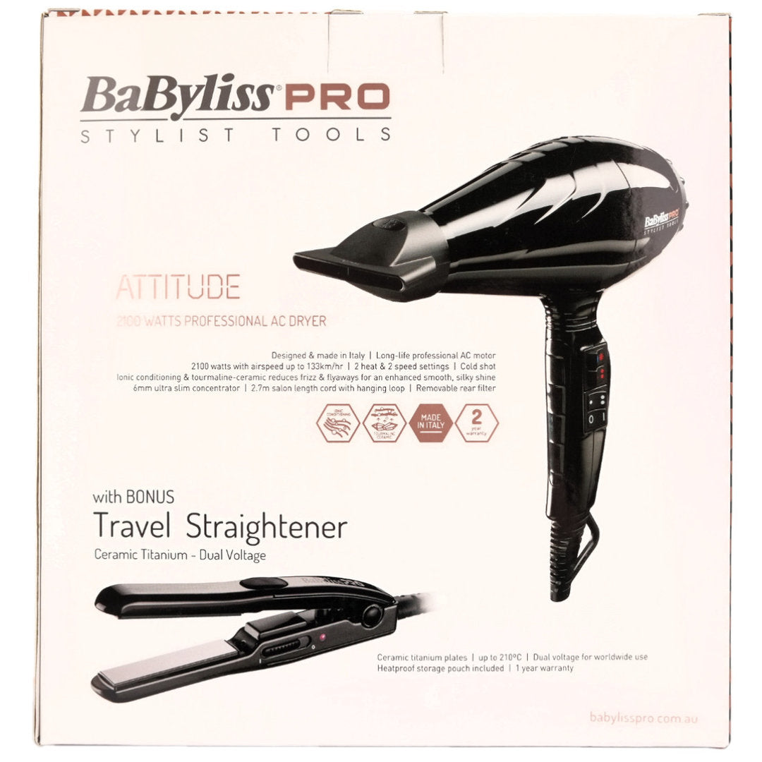 Babyliss Pro Attitude 2100 watt Professional AC Hair Dryer - Bonus Travel Straightener