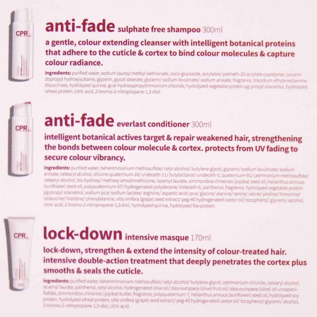 CPR Colour Anti-Fade Trio Pack secures colour molecules for longer by repairing, restructuring and refreshing the cortex, keeping hair radiant and luminous.