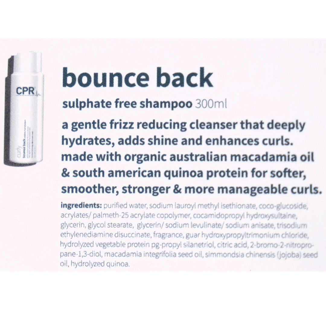 CPR Curly Bounce Back Shampoo 300ml is a gentle frizz reducing cleanser that deeply hydrates, adds shine and enhance curls.