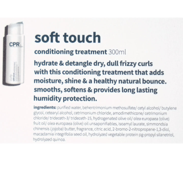 CPR Curly Soft Touch Conditioning Treatment 300ml hydrates & detangles dry, dull frizzy curls with conditioning treatment that adds moisture, shine and a healthy natural bounce, smooths, softens & provides long lasting humidity protection.