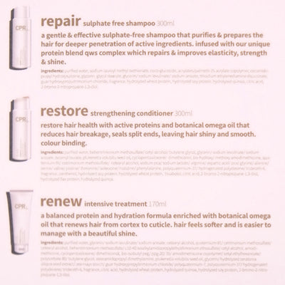 CPR Fortify Trio Pack is your perfect combo haircare that works to deliver intensive repair, strengthening, hydration and protection to renew hair from the cortex to cuticle.