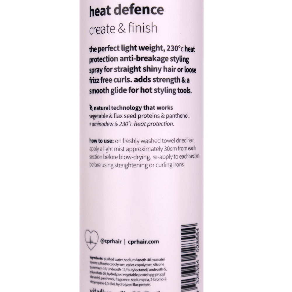 CPR Heat Defence is the perfect Light Weight Spray that provides protection, strengthens and provides a smooth glide for your hot styling tools with anti-breakage and a long lasting finish.