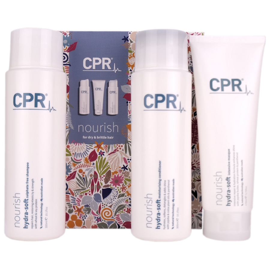 CPR Nourish Shampoo, Conditioner and Treatment is the perfect combo haircare to Improve hair health by reparing and binding moisture to restore elasticity and strength. Perfect solution for brittle & dull hair as it ages.