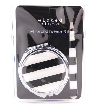Wicked Sista Black& White Stripe Mirror & Tweezer Set