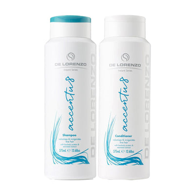 De Lorenzo Accentu8 Shampoo and Condtioner 375ml Duo is your perfect combo that volumises and invigorates fine hair with Baobab protein and Seaweed extract.