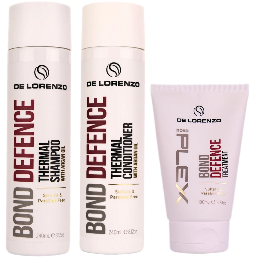 De Lorenzo Bond Defence Thermal Shampoo and Conditioner helps to reduce damaged caused by using thermal heat styling tools and give your hair nourishment & strengthening with the De Lorenzo Bond Defence Treatment.