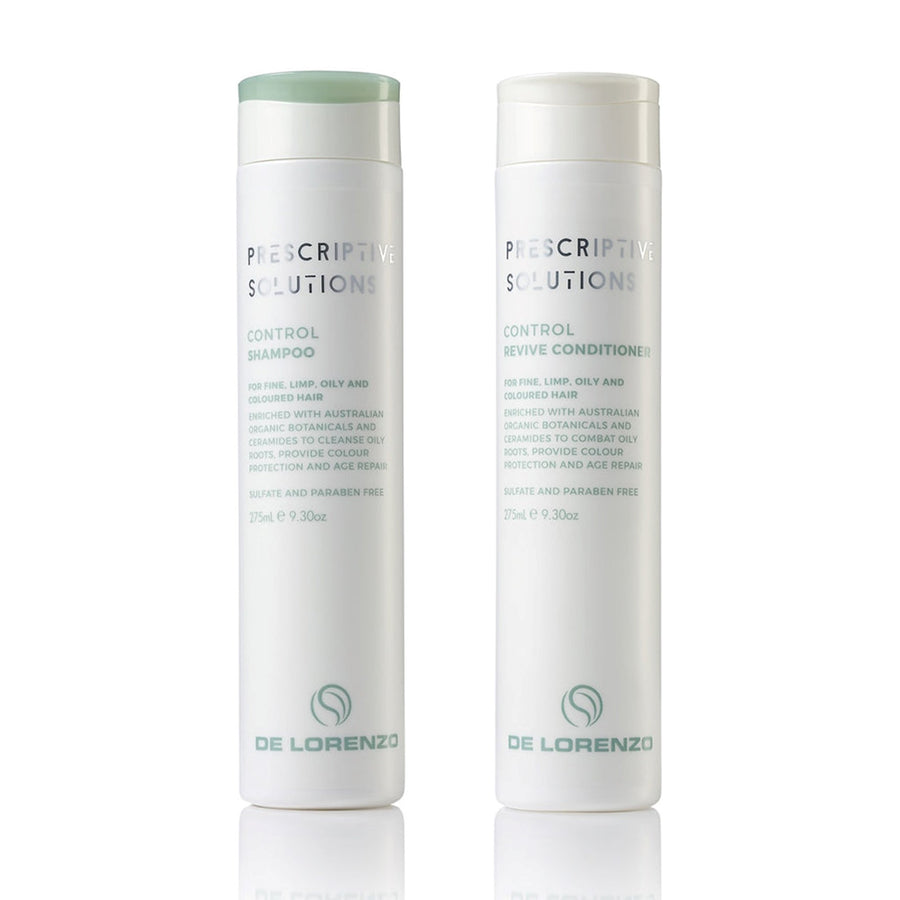 De Lorenzo Control Shampoo is paired with De Lorenzo Control Revive Conditioner to provide a hydrating combination that restores weightless moisture and regulates oily roots, leaving hair freshly cleaned with natural shine.