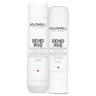 Goldwell Bond Pro Fortifying Shampoo and Conditioner helps strengthen and provide resilience when your hair is feeling weak, damaged and fragile, with Fade Stop Colour Protection.
