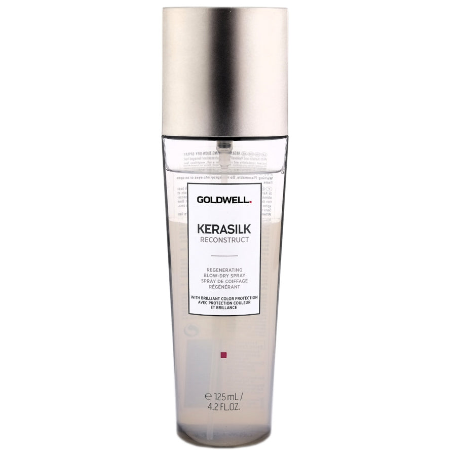 Goldwell Kerasilk Reconstruct Blow-Dry Spray provides instant combability and repair for a soft, weightless feel on stressed or damaged hair.