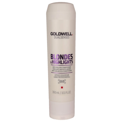 Goldwell Blondes and Highlights Anti-Yellow Conditioner detangles and neutralizes yellow tones from blonde and highlighted hair.