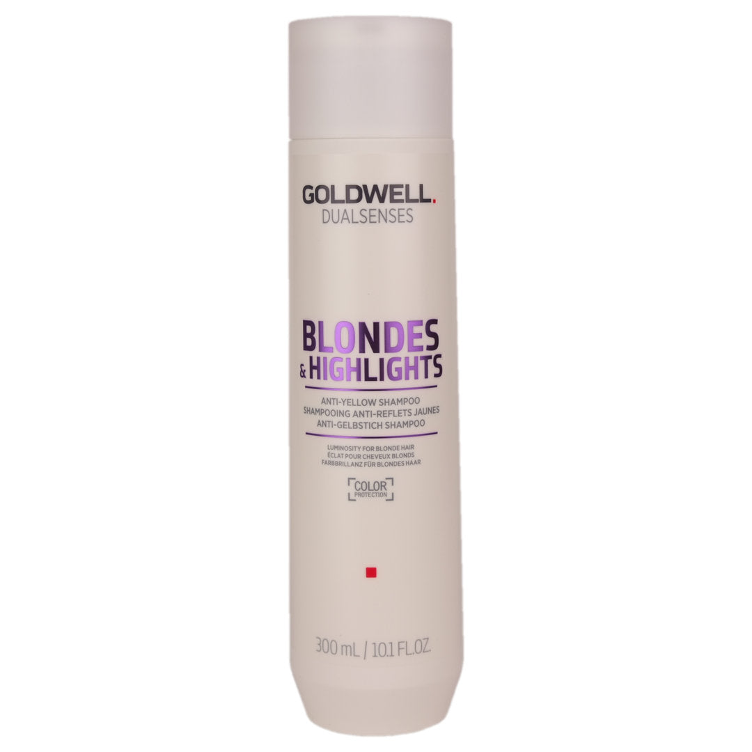 Goldwell Blondes and Highlights Anti-Yellow Shampoo instantly brings out colour luminosity and neutralizes unwanted yellow tones for blonde colour reflections.