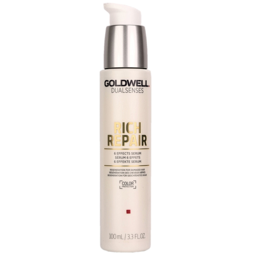 Goldwell Rich Repair 6 Effects Serum is designed for dry to damaged hair.