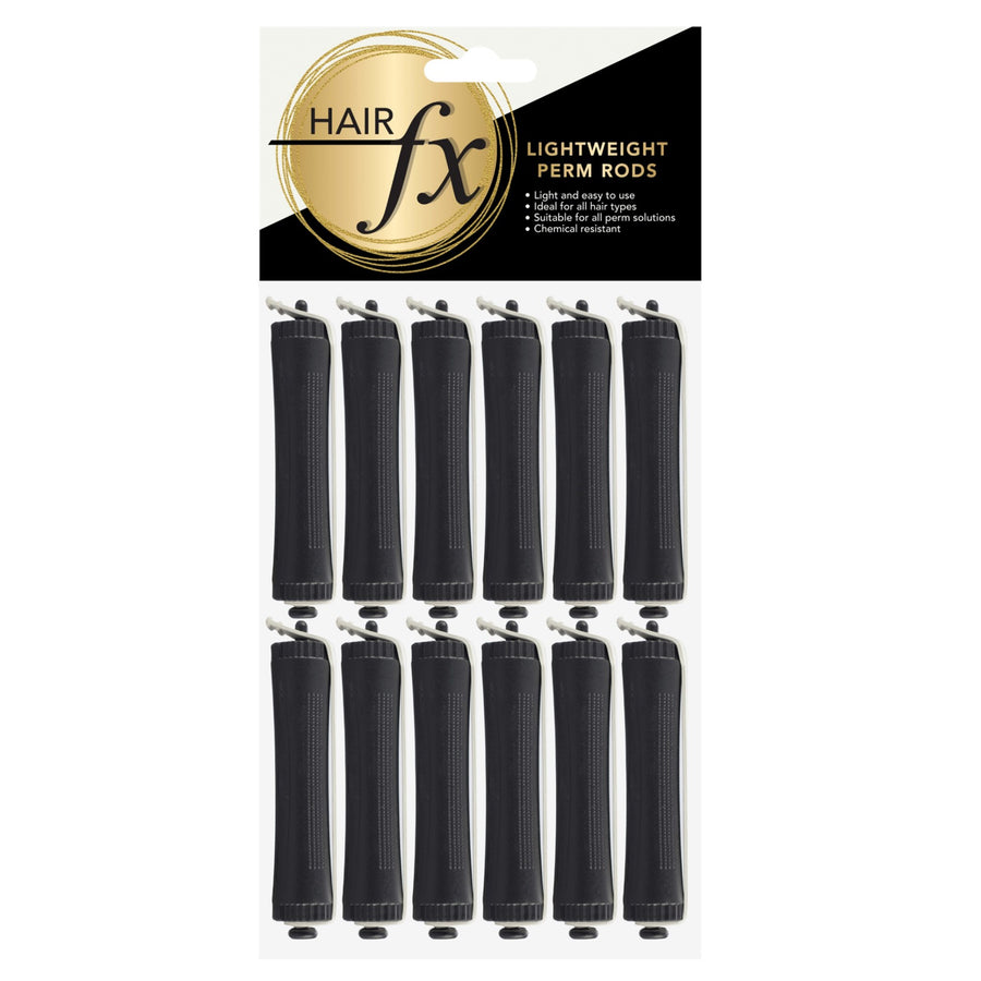 Hair FX Lightweight 16mm Black Perm Rods 12pk create uniform shape curls from root to ends. Rods are slightly concaved, allowing for a snug fit against the scalp once hair is wrapped around. Perfect for creating soft curls and waves.
