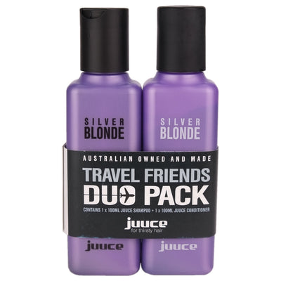 Juuce Silver Blonde Shampoo and Conditioner 100ml travel size dramatically reduces gold and yellow tones in all blonde, bleached, grey and highlighted hair and comes in a Perfect Travel Size Duo.