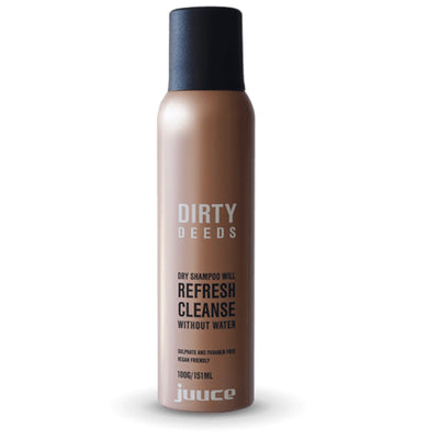 Juuce Dirty Deeds Dry Shampoo cleanses hair without water with unique, natural, absorbing powder spray that gently removes dirt, styling aids and excess oil to leave hair feeling clean, soft and smelling fresh.
