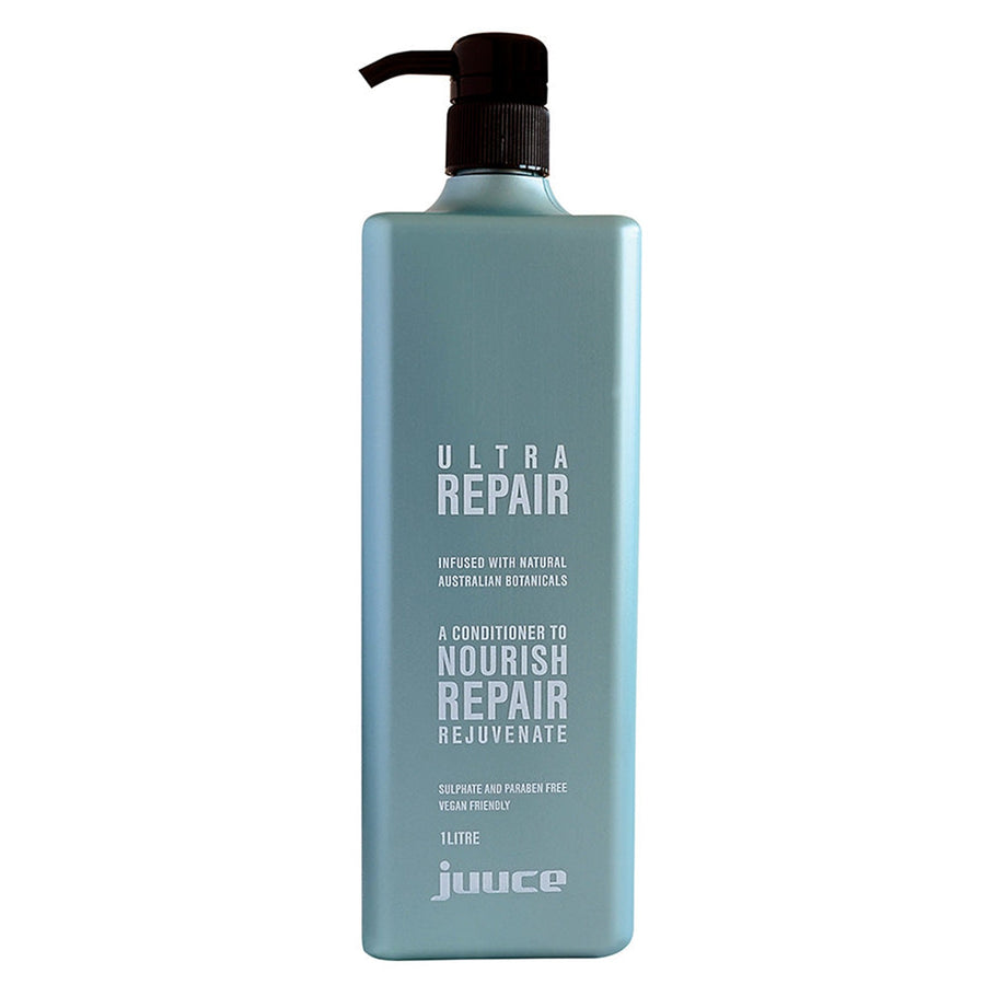 Juuce Ultra Repair Conditioner in a larger 1 Litre Bottle helps with smoothing, detangling and restoring strength to your hair.