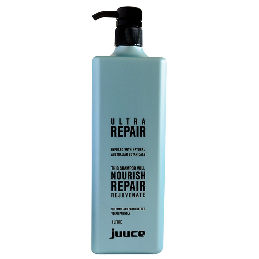 Juuce Ultra Repair Shampoo in a larger 1 Litre Bottle gently cleanses and restores strength to dry, distressed hair, making it more healthy & manageable.