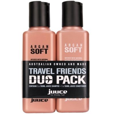 Juuce Argan Soft Shampoo and Conditioner Travel Size helps to soothe fragile/dry hair with Argan Oil from Morocco at home or on the go while travelling.