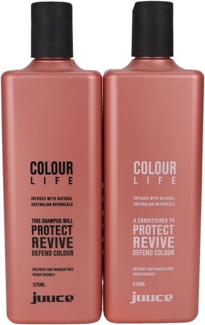 Juuce Colour Life Shampoo and Conditioner for colour treated dry to very dry hair, by defending against the elements that cause colour fade whilst adding condition and shine.