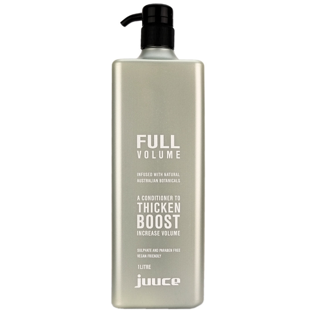 Juuce Full Volume Conditioner in a larger 1 Litre bottle is formulated to help thicken fine, limp hair to boost volume, body and shine while strengthening and protecting.