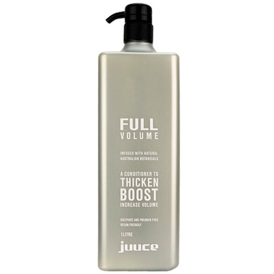 Juuce Full Volume Conditioner in a larger 1 Litre bottle is formulated to help thicken fine, limp hair to boost volume, body and shine while strengthening and protecting.