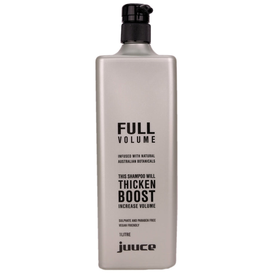 Juuce Full Volume Shampoo in a larger 1 Litre Bottle is formulated to help thicken fine, limp hair to boost volume, body and shine while strengthening and protecting.