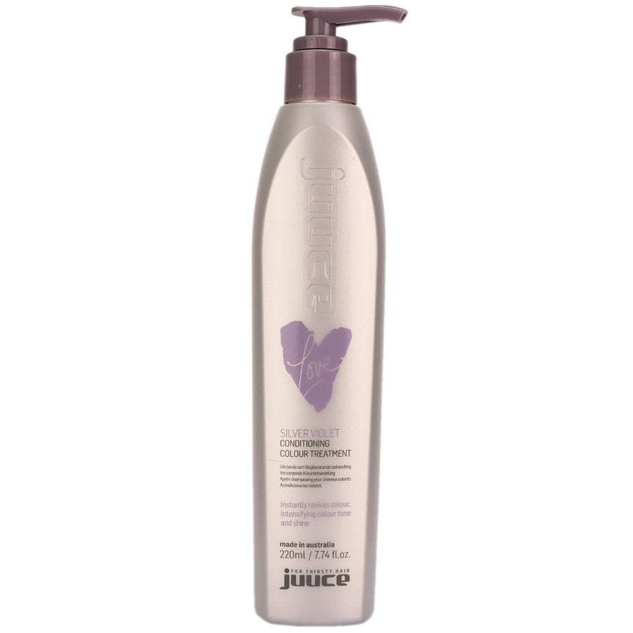 Juuce Love Silver Violet Conditioning Colour Treatment ADDS VIOLET TONES TO LIGHTER HAIR. Instant hair colour + nourishing treamtent will create violet hues on blonde hair and enhance the darker tones in hair. 3 to 5 minute conditioning colour treatment instantly revitalises coloured hair restoring colour intensity and shine.