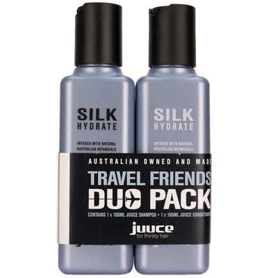 Juuce Silk Hydrate Shampoo and Conditioner Travel Size to keep hair hydrated and nourished at home or on the go while travelling.