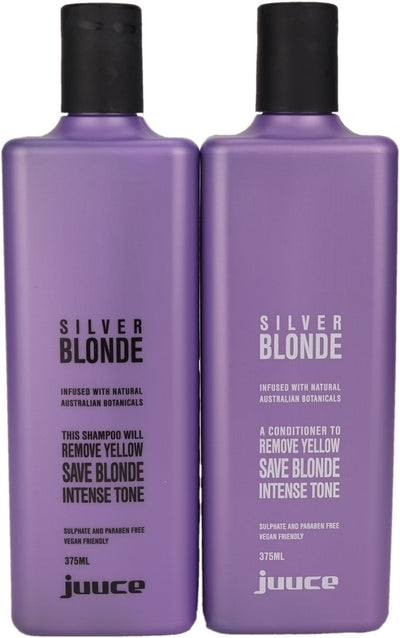 Juuce Silver Blonde Shampoo and Conditioner helps to dramatically reduce gold and yellow tones in all blonde, bleached and highlighted hair, with micro blue violet colour pigments that penetrate deeply into hair shaft.