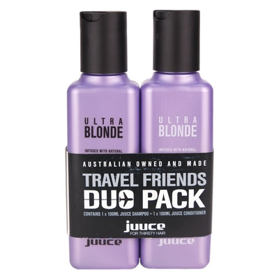 Juuce Ultra Blonde Shampoo and Conditioner travel size helps reducing gold & yellow tones from blonde hair.