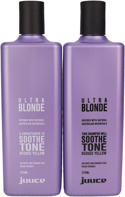 Juuce Shampoo and Conditioner to help reduce gold and yellow tones with blue violet pigments, while infused with argan oil and conditioning agents to nourish all types of blonde.