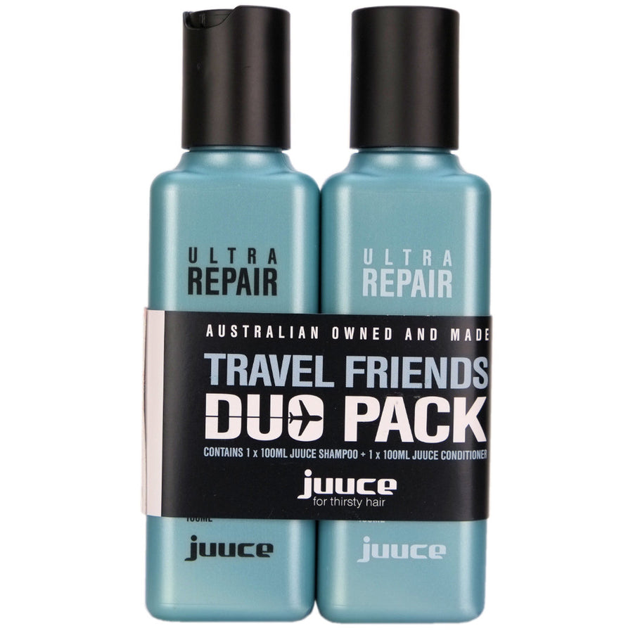 Juuce Ultra Repair Shampoo and Conditioner Travel Size helps to repair, restore strength, rejuvenate and keep hair nourished at home or on the go while travelling.