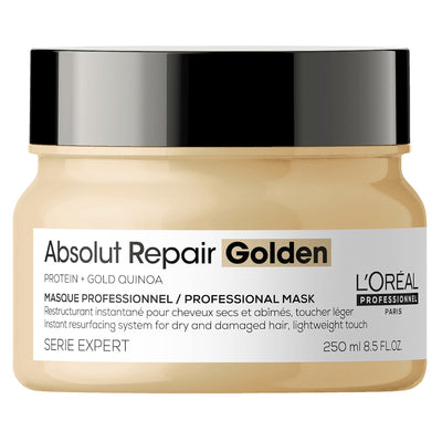 L'Oreal Absolut Repair Golden Professional Mask is infused with Gold Quinoa Bran extract and Wheat Protein to combine intense resurfacing of the hair fibre with a lightweight touch.