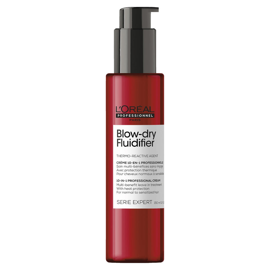 L'Oreal Blow-dry Fluidifier 10 in 1 Professional Cream is a 10 multi-benefit leave in treatment with heat protection for normal to sensitized hair.