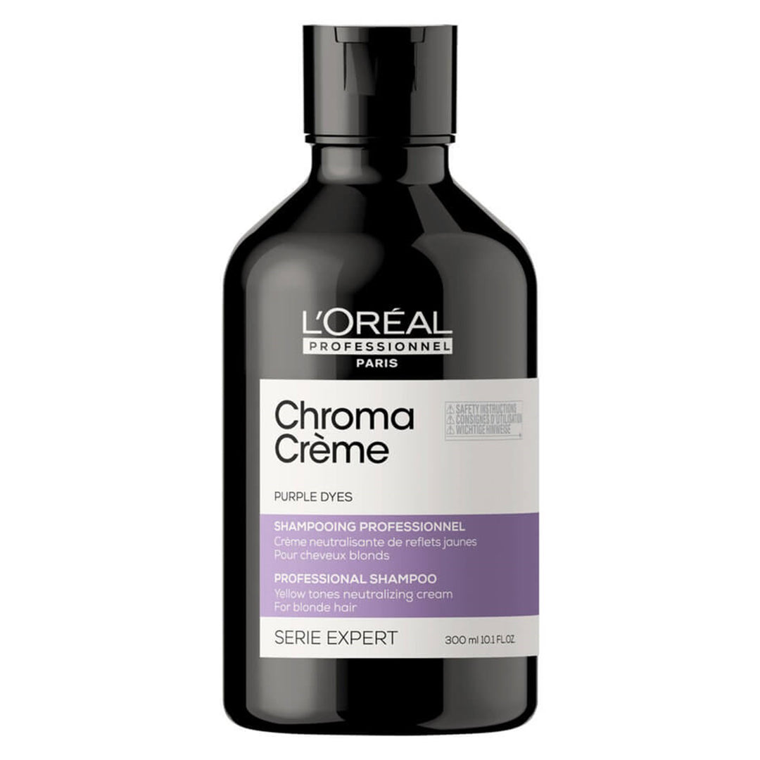 L'Oreal Chroma Creme Purple Professional Shampoo for blonde hair instantly neutralises all unwanted yellow reflects and intensely nourishes the hair fibre, without weighing it down, for a superior colour correction and care.