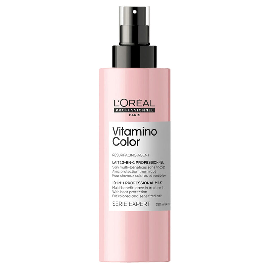 L'Oreal Color 10 in 1 Professional Milk Spray is a multi-benefit leave in treatment with heat protection to enhance and prolong radiance for colour-treated hair types.