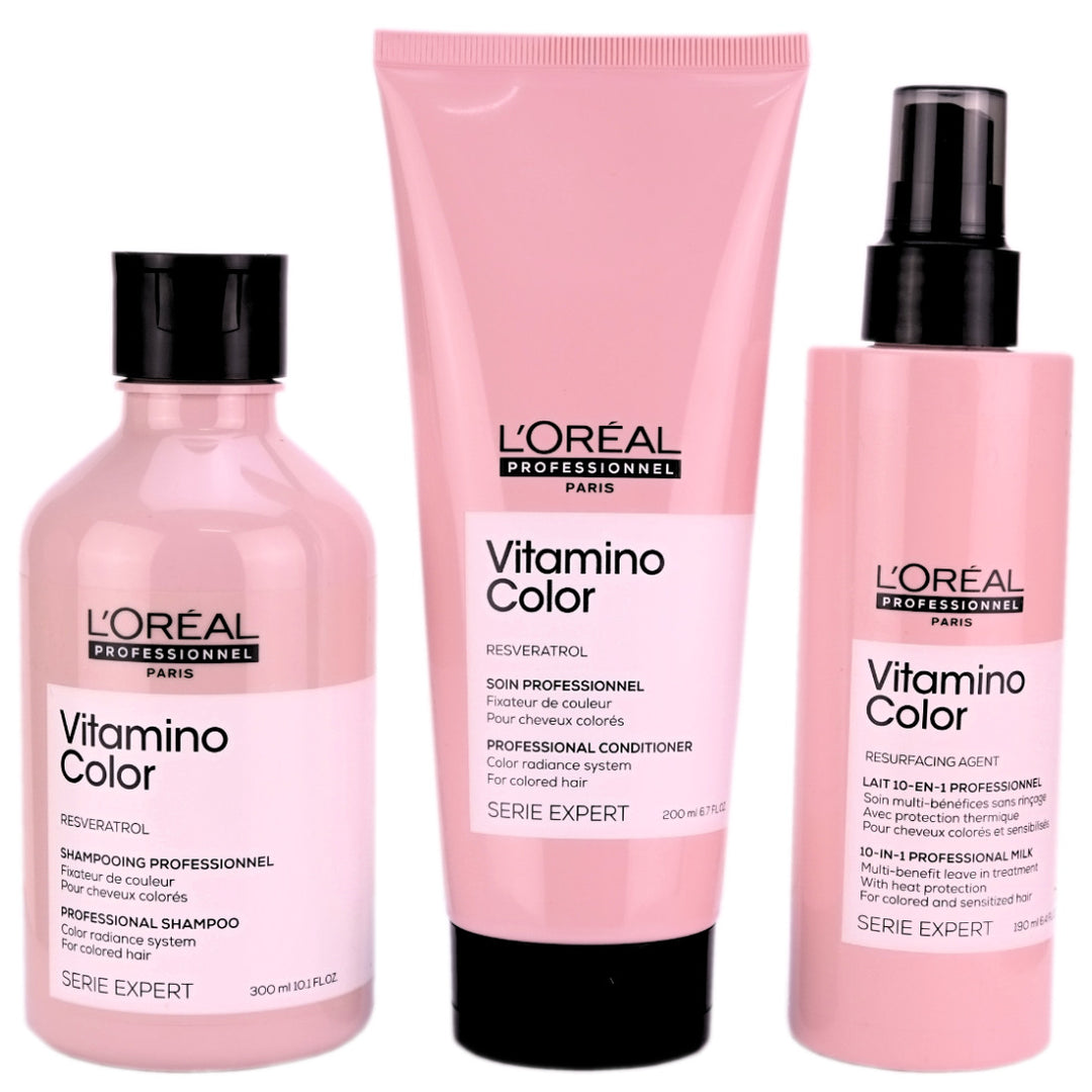 L'Oréal Vitamino Colour Shampoo and Conditioner Trio is the perfect set for colour-treated hair that helps prolong colour radiance and leaves coloured hair smoother and easier to detangle.