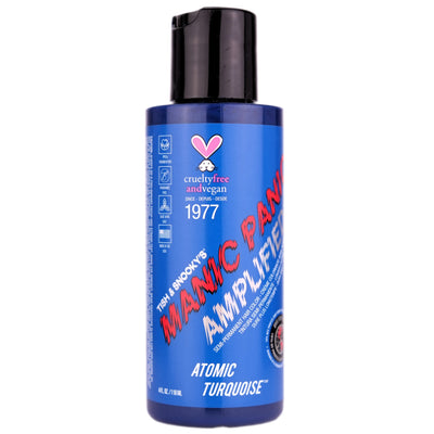 Manic Panic Atomic Turquoise Semi-Permanent Hair Dye is a bright, radiant aqua blue dye with green undertones. This color can add turquoise tones to virgin, unbleached hair, but looks brightest when hair is lightened to the lightest level 10 blonde.
