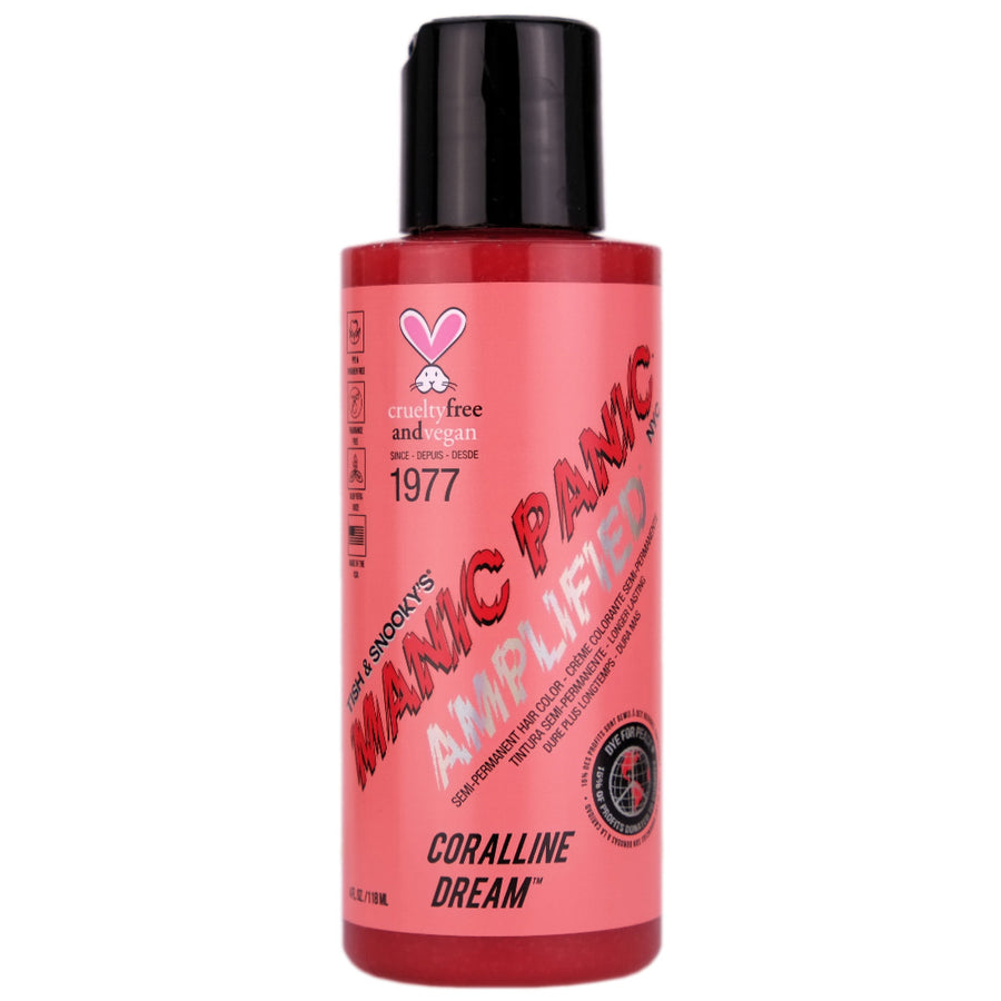 Manic Panic Coralline Dream Amplified Semi-Permanent Hair Dye is a luscious light coral hair dye in honor of Pantone's 2019 Color of the Year "Living Coral". This is one of our lightest shades, so we recommend lightening hair to the lightest level 10 blonde before use. Using Coralline Dream can give a rose gold hue to level 8 hair.