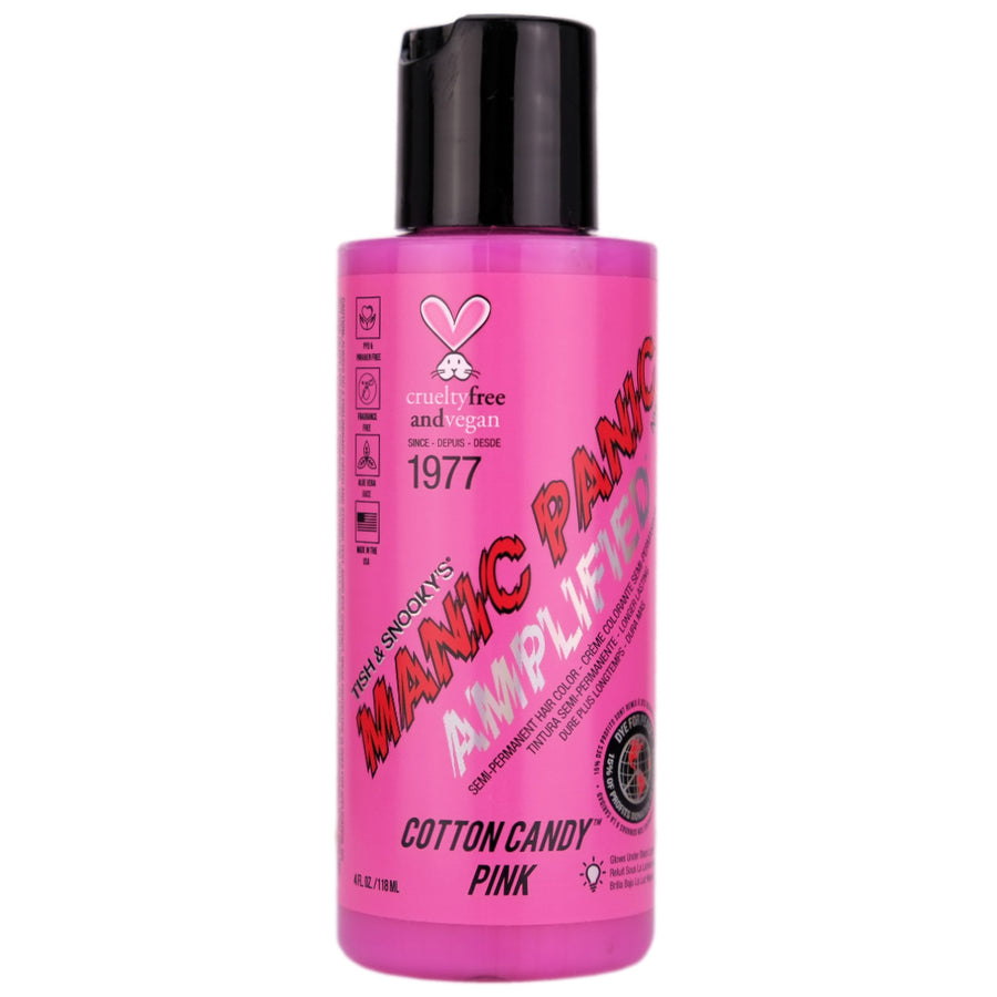 Manic Panic Cotton Candy Pink Amplified Semi-Permanent Hair Dye is a lovely, bright cool-toned pink hair dye. This shade glows under a black light, so we recommend using Cotton Candy Pink on hair that's been lightened to a very light level 9 blonde.