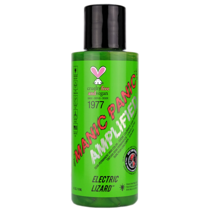 Manic Panic Electric Lizard Amplified Semi-Permanent Hair Dye is a bright, neon green dye that looks as electric with vibrant, lime green hues, this shade glows brightly under black lights! For best results, we recommend lightening your hair to the lightest level 10 blonde before use.