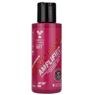 Manic Panic Hot Hot Pink Amplified Semi-Permanent Hair Dye is cool-toned medium neon pink hair dye that glows vibrantly under black light when dyed on the lightest level 10 blonde hair. For deeper pink hues, this can also be used on virgin, unbleached hair.