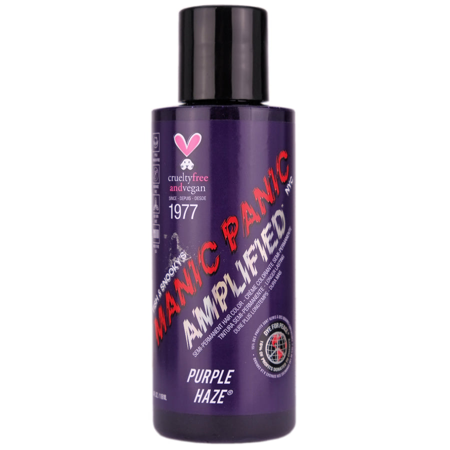 Manic Panic Purple Haze Amplified Semi-Permanent Hair Colour is a warm, very dark purple hair dye that leaves purple tones on virgin, unbleached hair. For best results, we recommend lightening hair to medium level 7 blonde or lighter before use.